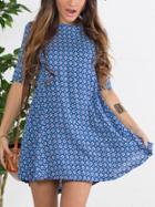 Shein Blue Half Sleeve Floral Print Dress