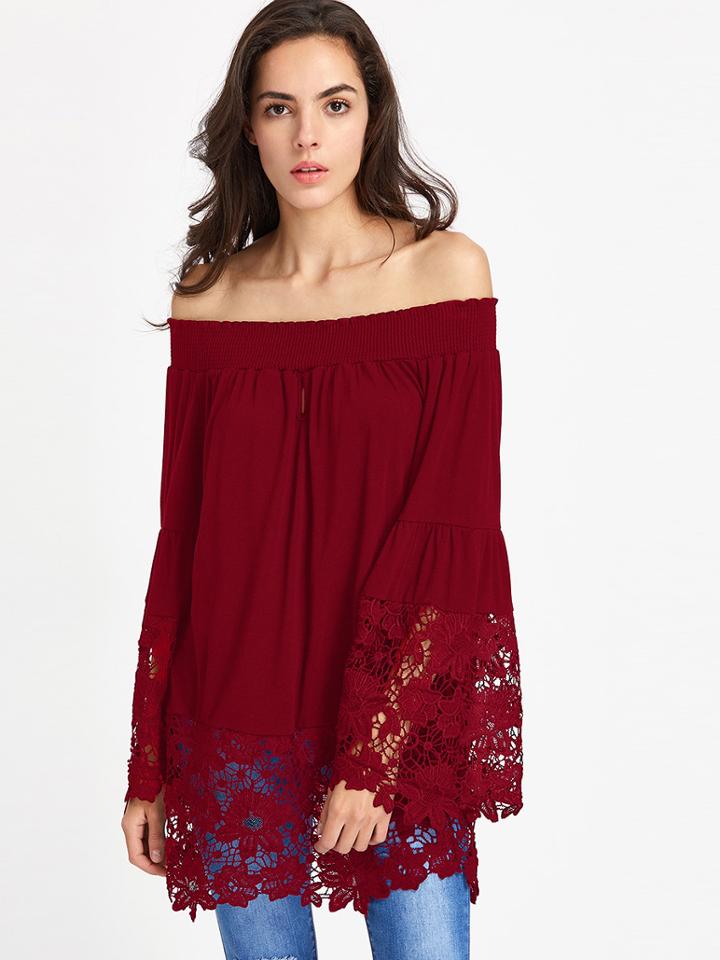 Shein Shirred Bardot Fluted Sleeve Crochet Panel Top