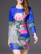 Shein Blue Round Neck Length Sleeve Print Jacquard Dress