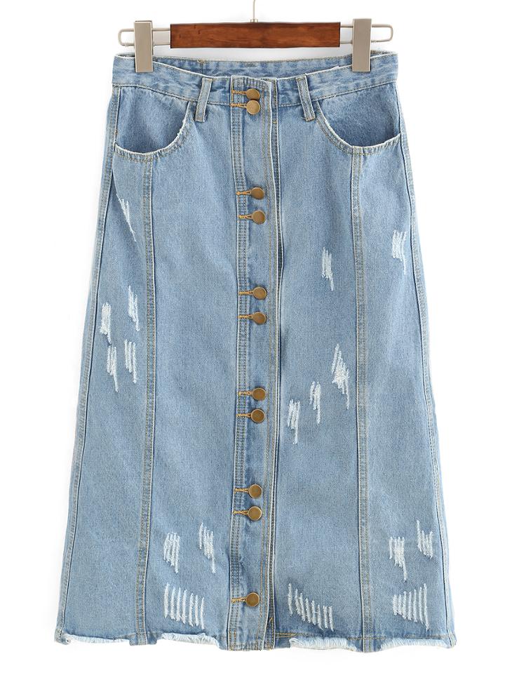 Shein Frayed Buttoned Front Midi Denim Skirt