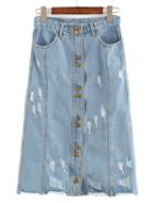Shein Frayed Buttoned Front Midi Denim Skirt