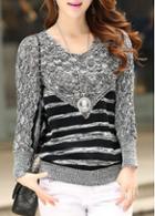 Rosewe Batwing Sleeve Round Neck Striped Grey Knitwear