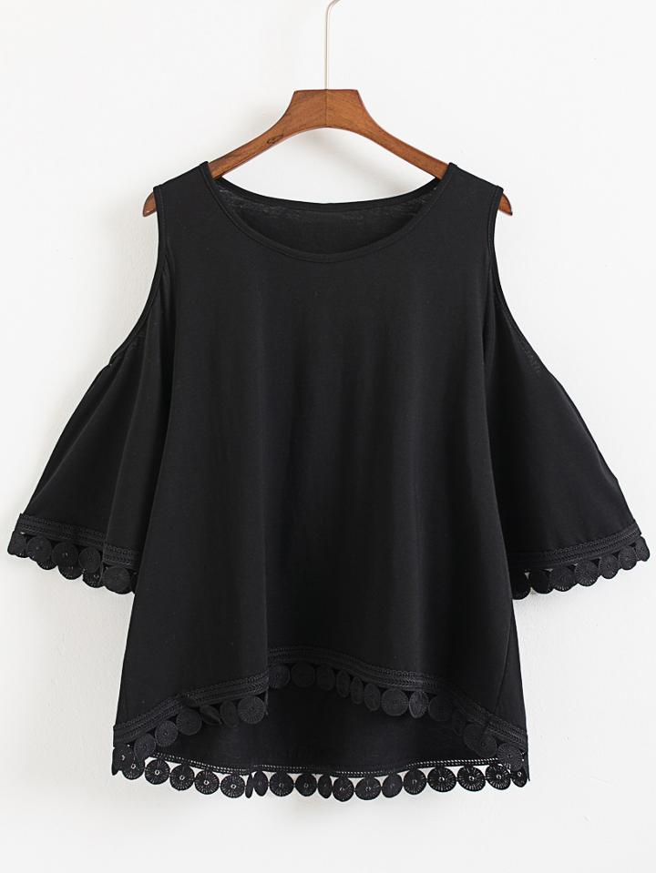 Shein Black Dip Hem Cold Shoulder Embroidery Blouse