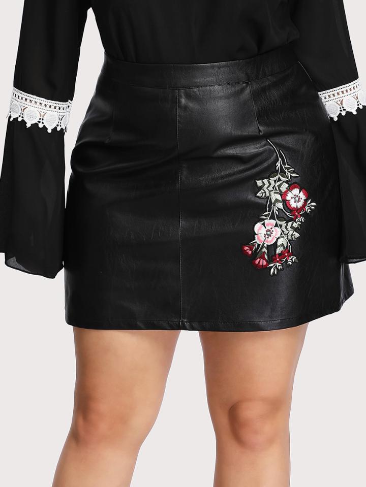 Shein Flower Embroidered Leather Look Skirt