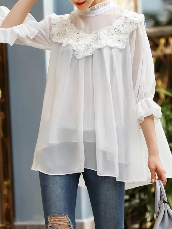 Shein White Contrast Crochet Bell Sleeve Blouse