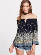 Shein Bardot Neckline Ditsy Print Tied Frill Top