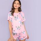 Shein Floral & Striped Tee & Shorts Co-ord