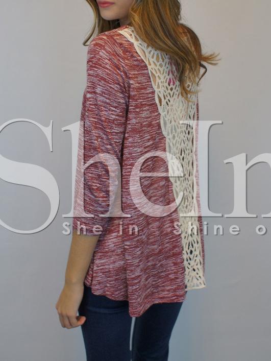 Shein Red Round Neck With Lace T-shirt