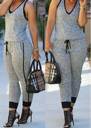 Rosewe Drawstring Design V Neck Grey Jumpsuit