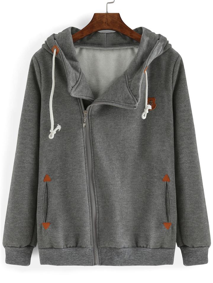 Shein Grey Hooded Oblique Zipper Loose Sweatshirt