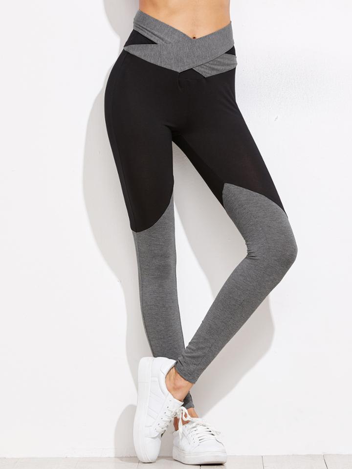 Shein Contrast Crossover Belted Leggings