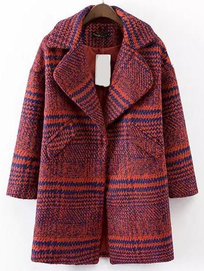 Shein Red Blue Lapel Houndstooth Woolen Coat