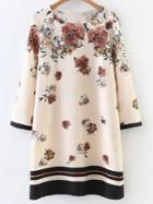 Shein Apricot Floral Print Contrast Trim Dress