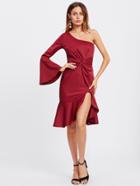 Shein One Shoulder Bell Sleeve Ruffle Hem Twist Dress