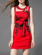 Shein Red Embroidered Tie-waist Sheath Dress