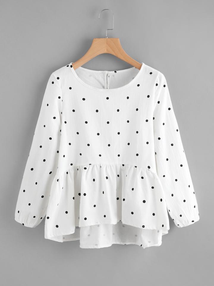 Shein Polka Dot Frill Dip Hem Blouse
