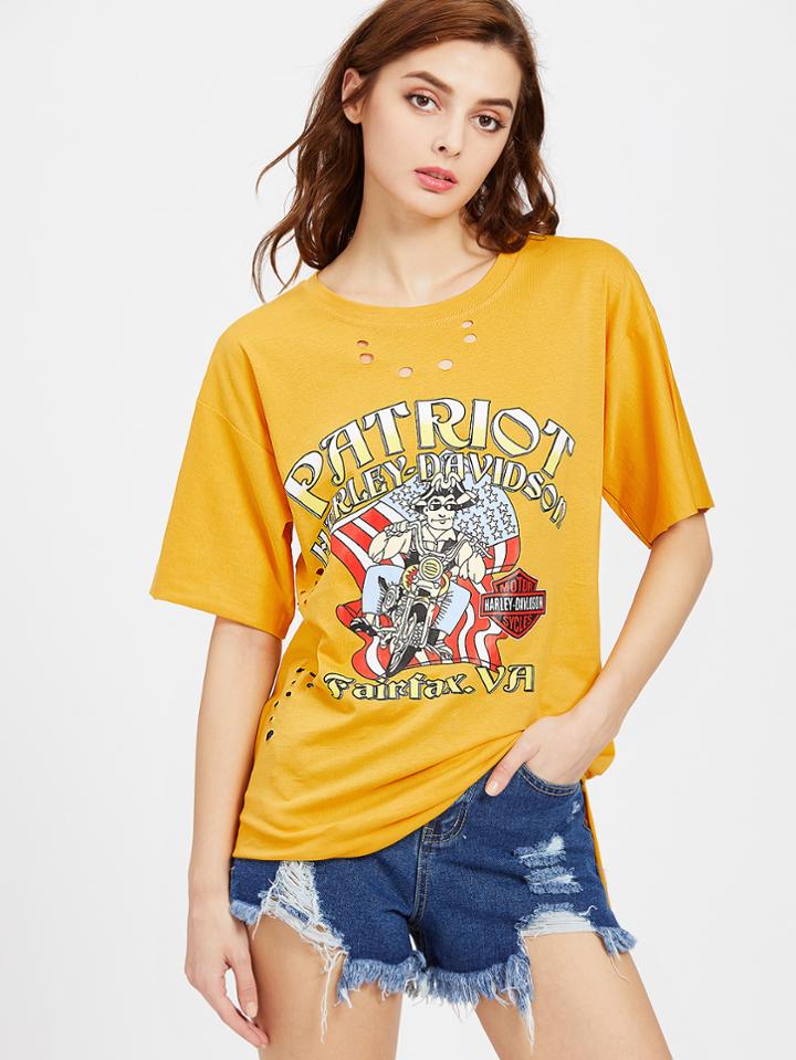Shein Graphic Print Ripped Dip Hem Tee