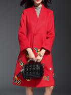 Shein Red V Neck Flowers Embroidered Coat
