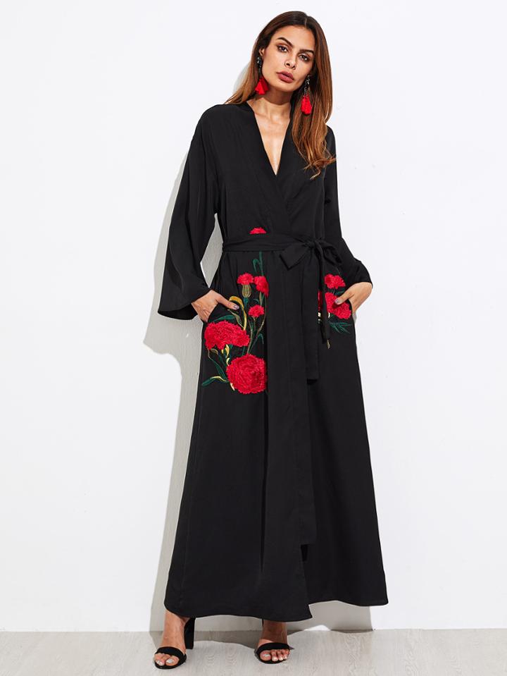 Shein Carnations Embroidered Self Tie Abaya
