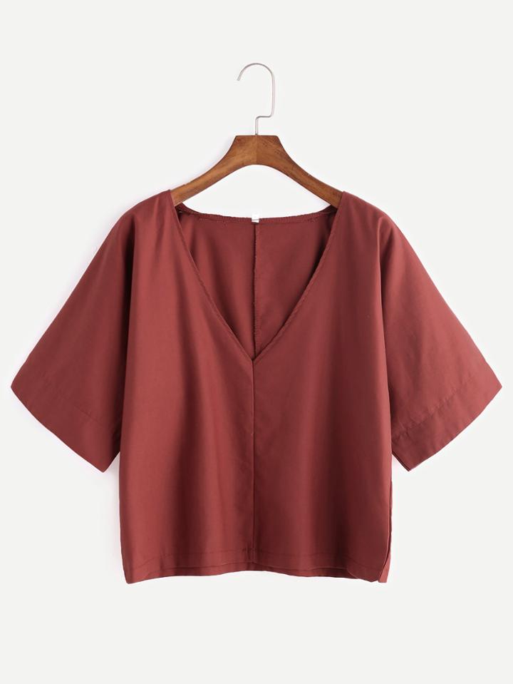 Shein Brick Red V Neck Elbow Sleeve Blouse