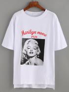 Shein White Graphic Print Drop Shoulder High Low T-shirt