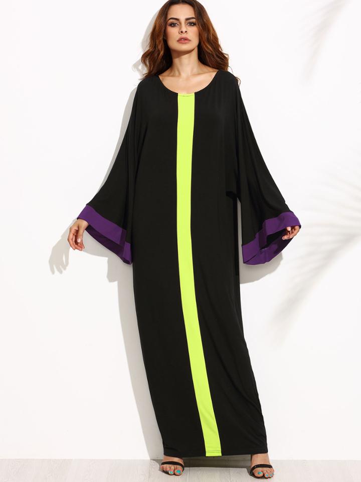 Shein Black Contrast Panel Bell Sleeve Cocoon Maxi Dress