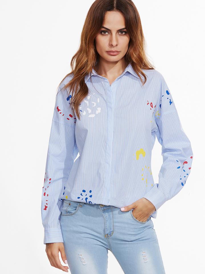Shein Blue Vertical Striped Paint Splash Hidden Button Blouse