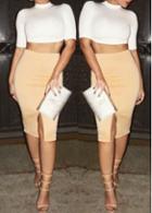 Rosewe White Crop Top And Beige Front Slit Skirt
