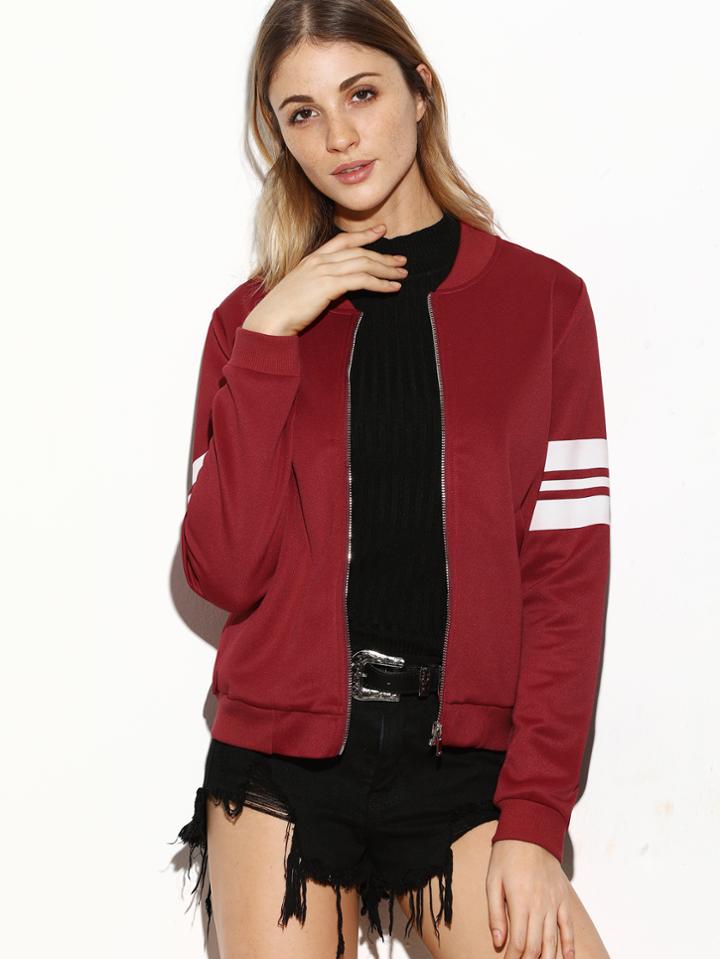 Shein Burgundy Striped Sleeve Zip Up Bomber Jacket