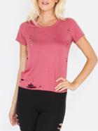Shein Burgundy Short Sleeve Distressed Backless T-shirt