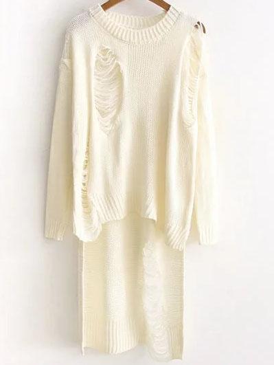 Shein Beige Ripped Drop Shoulder High Low Sweater