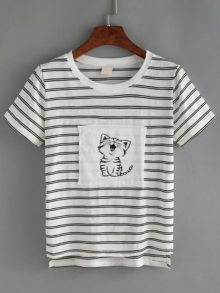 Shein Striped Cat Print Patchwork T-shirt