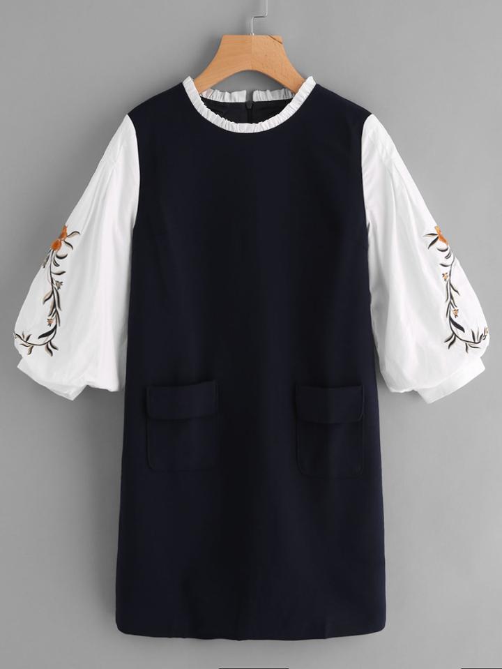 Shein Frilled Neck Contrast Embroidered Lantern Sleeve Dress