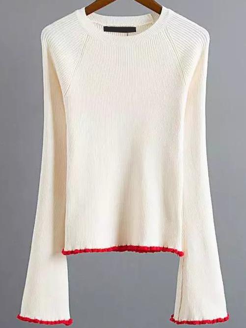 Shein Beige Contrast Trim Bell Sleeve Knitwear