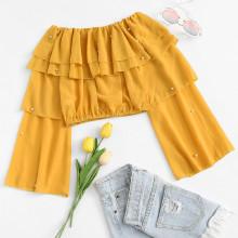 Shein Off-shoulder Faux Pearl Beading Ruffle Top