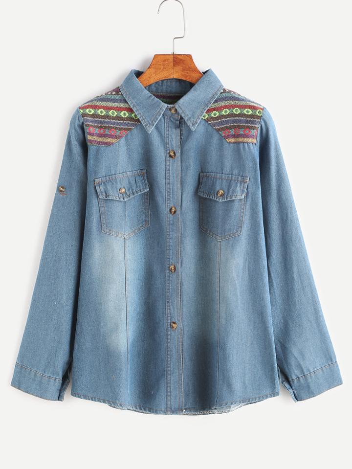 Shein Blue Contrast Trim Roll Tab Sleeve Denim Shirt