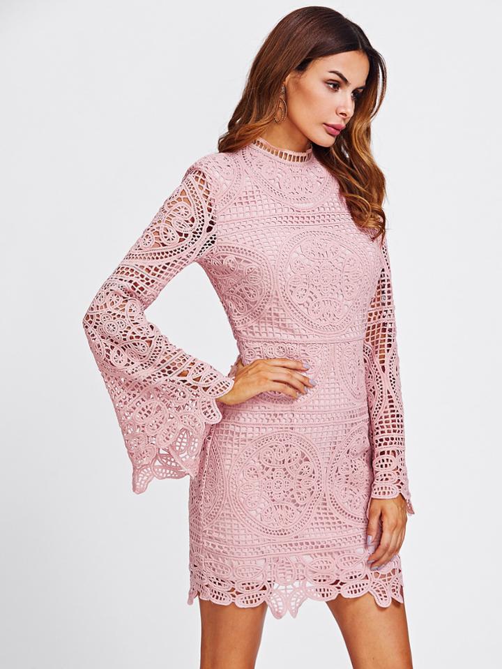 Shein Trumpet Sleeve Geo Crochet Overlay Form Fitting Dress