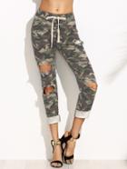 Shein Olive Green Camo Print Ripped Drawstring Pants
