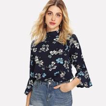 Shein Mock Neck Flounce Sleeve Floral Print Blouse