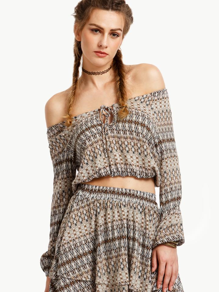 Shein Tribal Print Off The Shoulder Long Sleeve Crop Top