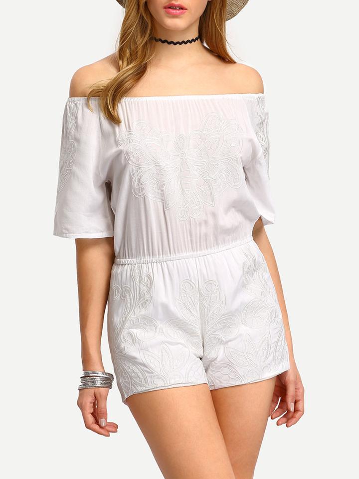 Shein White Boat Neck Embroidered Romper