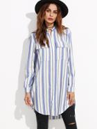 Shein Blue Vertical Striped Hidden Button Equipment Blouse