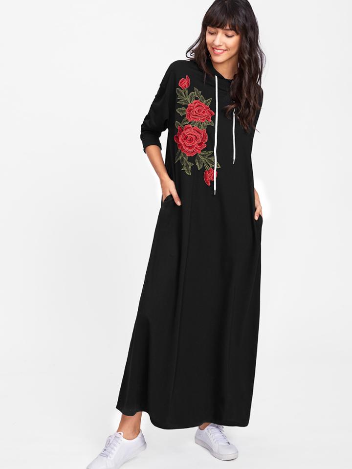 Shein Embroidered Rose Applique Sweatshirt Dress