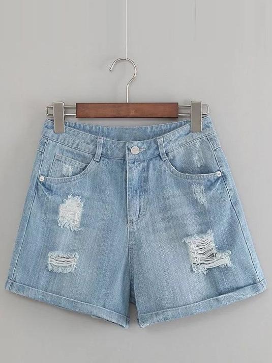 Shein Blue Pockets Roll Cuff Ripped Hole Denim Shorts