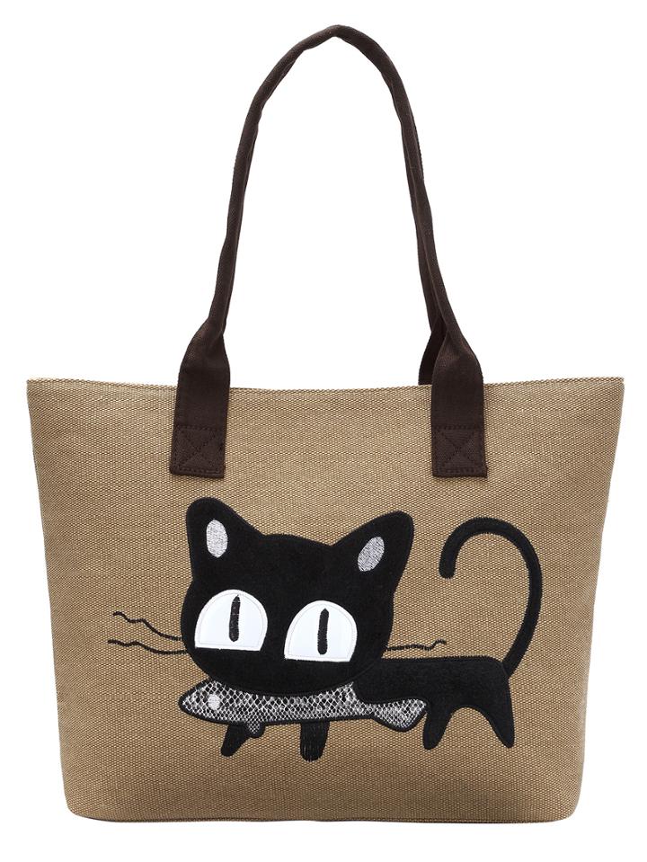 Shein Lovely Cat Embroidery Patch Canvas Tote Bag