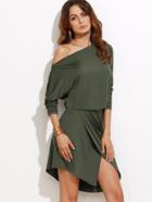 Shein Army Green Asymmetric Off The Shoulder Overlap Dress