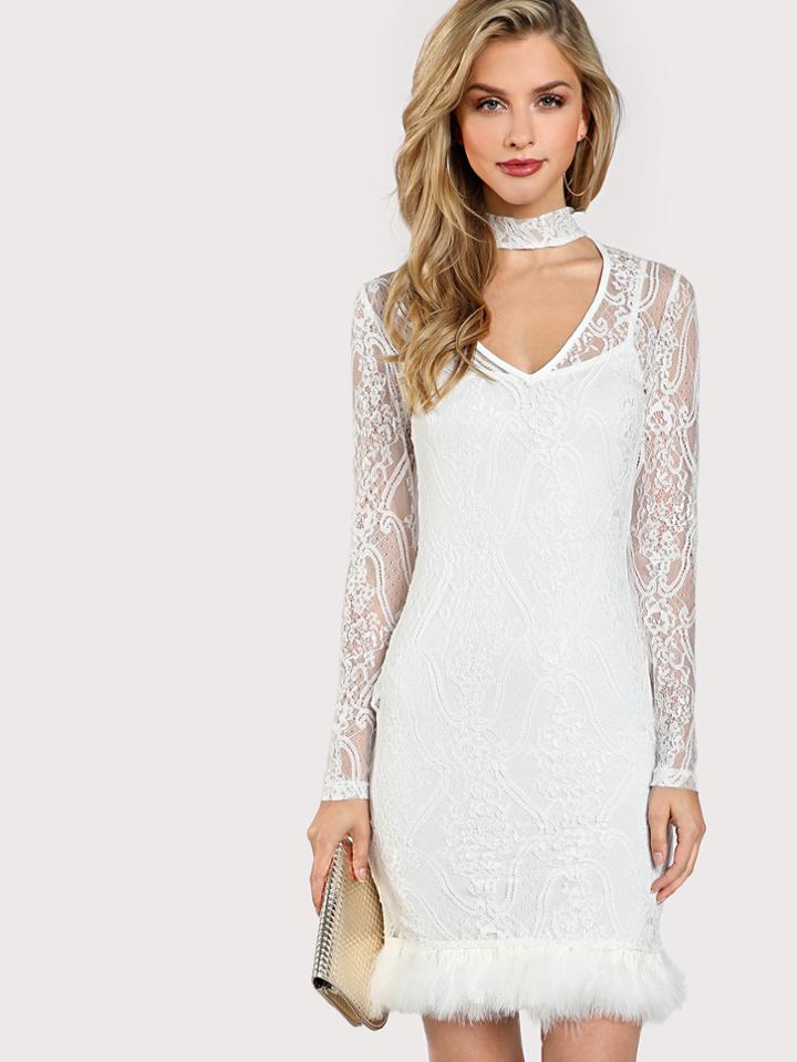 Shein Contrast Faux Fur Hem Form Fitting Dress
