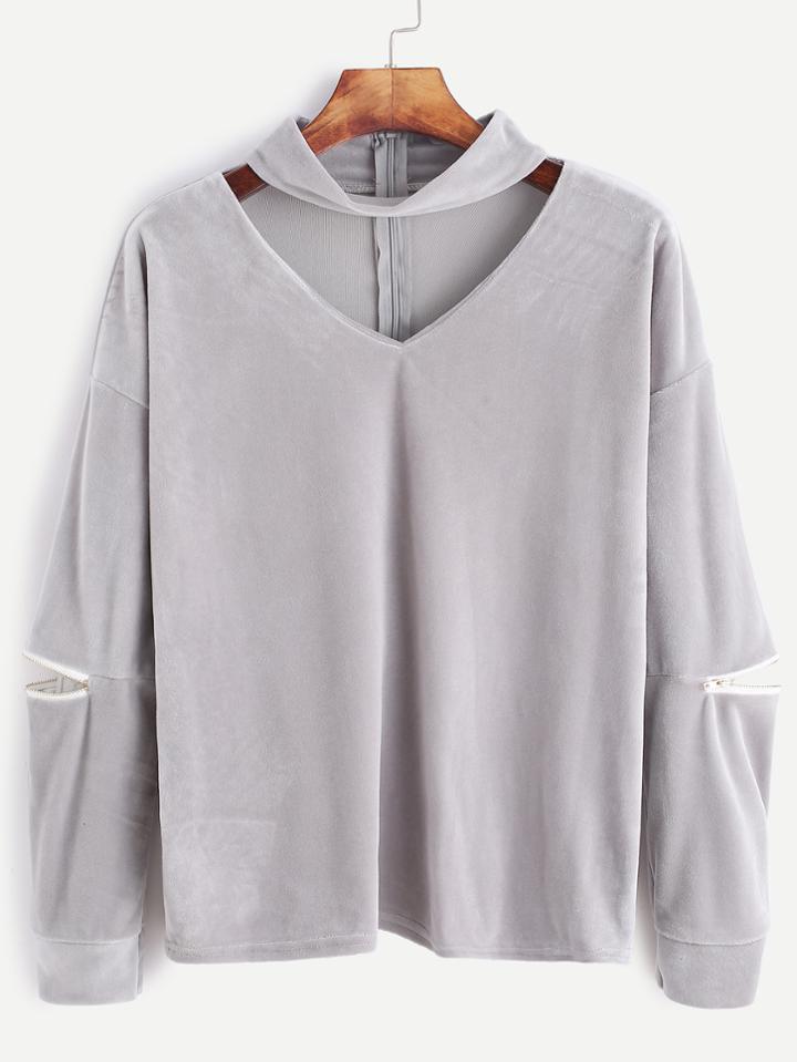 Shein Grey Cutout Zipper Detail Velvet Sweatshirt