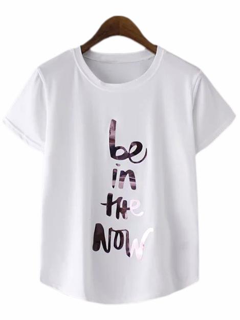 Shein White Letter Sequined Casual T-shirt