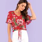 Shein Flower Print Knot Front Top